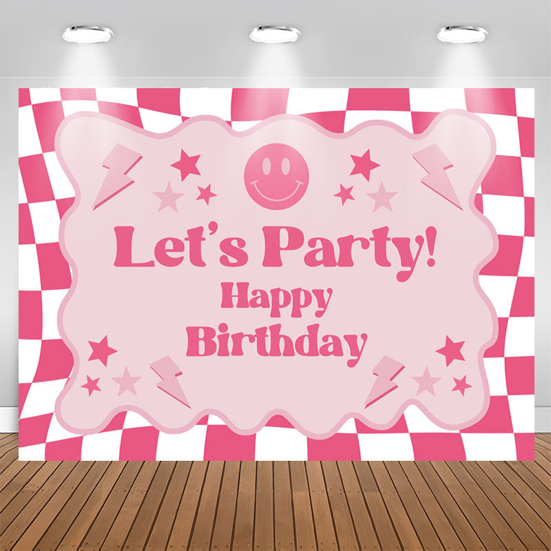 Lofaris Pink Plaid Girls Lets Party Happy Birthday Backdrop
