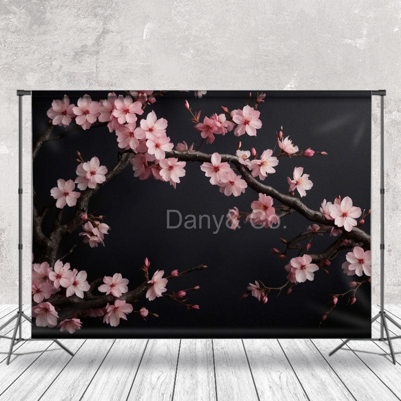 Lofaris Pink Plum Blossoms Black Wall Photography Backdrop