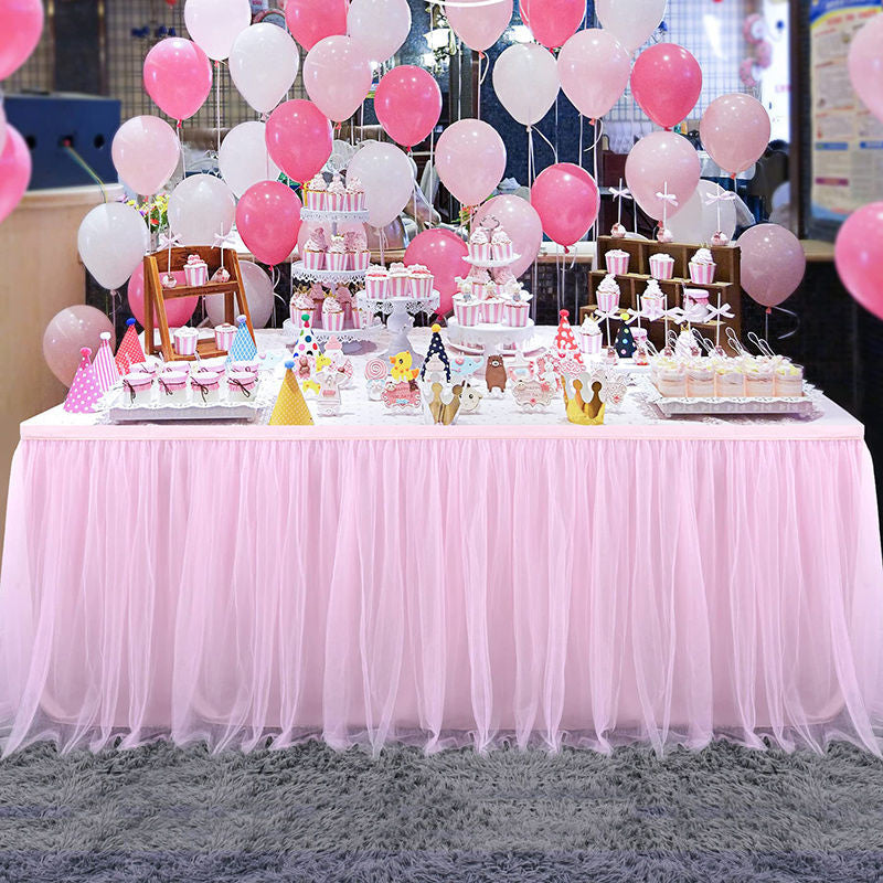 Lofaris Pink Rectangle Tulle Ruffle Banquet Table Skirt