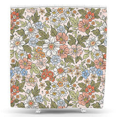 Lofaris Pink Red Floral Leaves Rustic Boho Shower Curtain