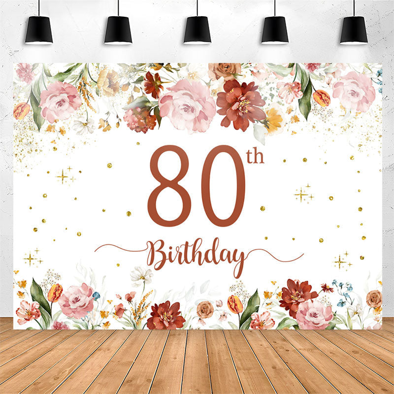 Lofaris Pink Red Floral White Glitter 80th Birthday Backdrop