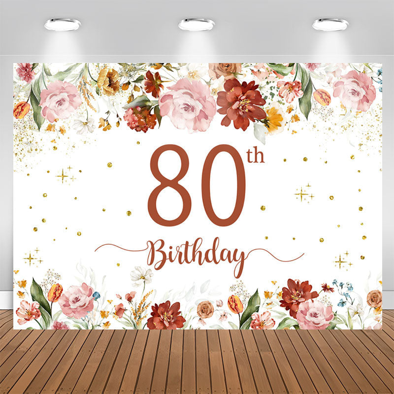Lofaris Pink Red Floral White Glitter 80th Birthday Backdrop