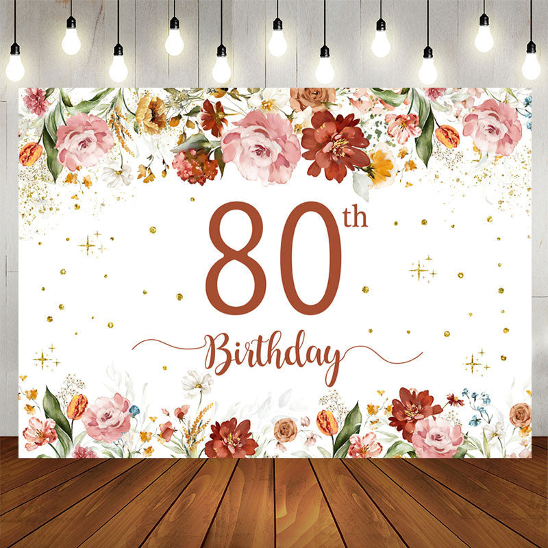Lofaris Pink Red Floral White Glitter 80th Birthday Backdrop