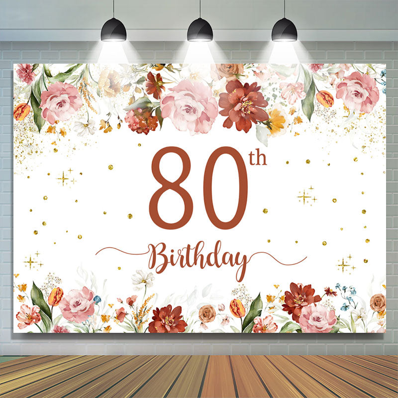 Lofaris Pink Red Floral White Glitter 80th Birthday Backdrop