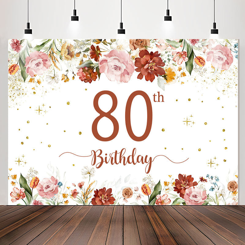 Lofaris Pink Red Floral White Glitter 80th Birthday Backdrop