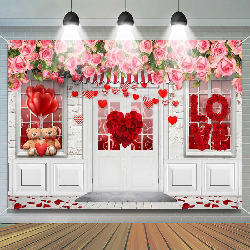 Lofaris Pink Red Roses White Door Valentines Day Backdrop