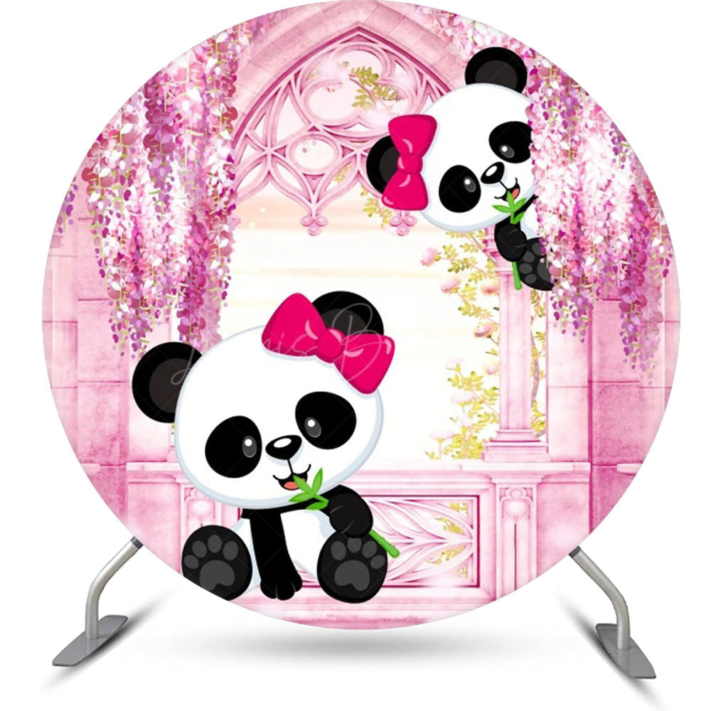 Lofaris Pink Room Floral Panda Round Birthday Party Backdrop