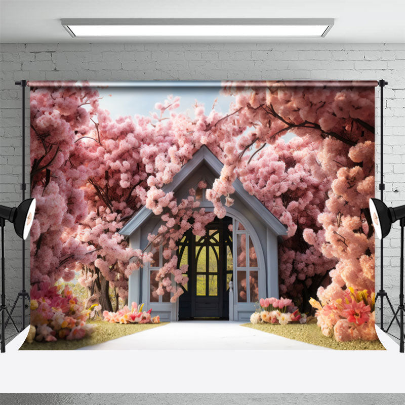 Lofaris Pink Sakura And Pavilion Outdoors Spring Backdrop