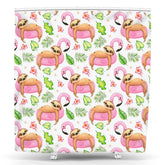 Lofaris Pink Sloth Flamingo Green Leaf Animal Shower Curtain