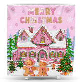 Lofaris Pink Snowy House Tree Merry Christmas Shower Curtain