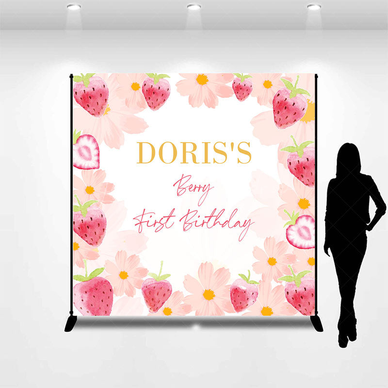 Lofaris Pink Strawberry Floral Custom 1st Birthday Backdrop