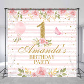 Lofaris Pink Stripe Flowers Custom 1st Birthday Backdrop