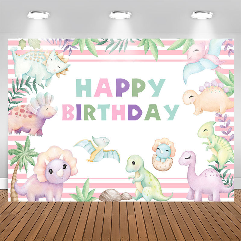 Lofaris Pink Stripes Cute Dinosaurs Birthday Party Backdrop