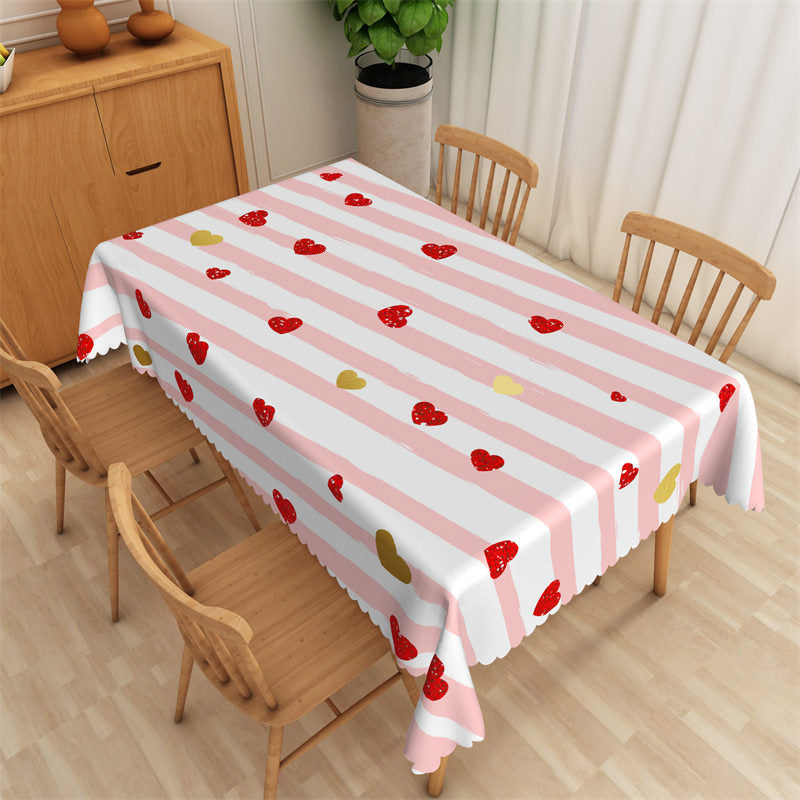 Pink Stripes Red Gold Heart Rectangle Tablecloth Lofaris