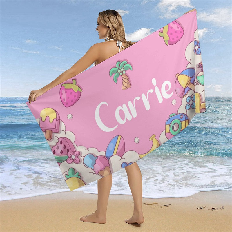 Lofaris Pink Summer Theme Custom Name Beach Towel