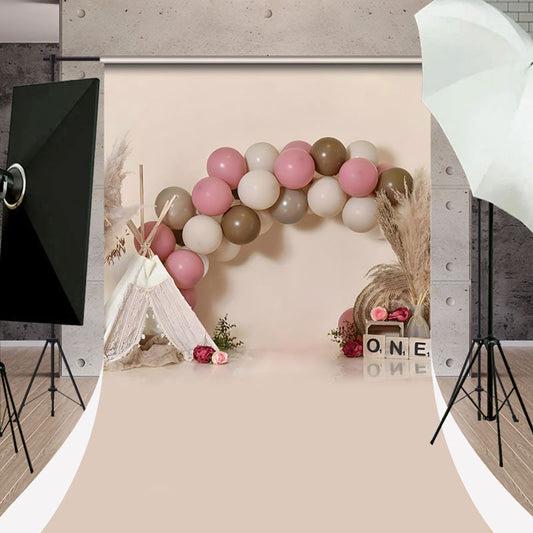 Lofaris Pink Tent Hay Balloons Sweep Cake Smash Backdrop