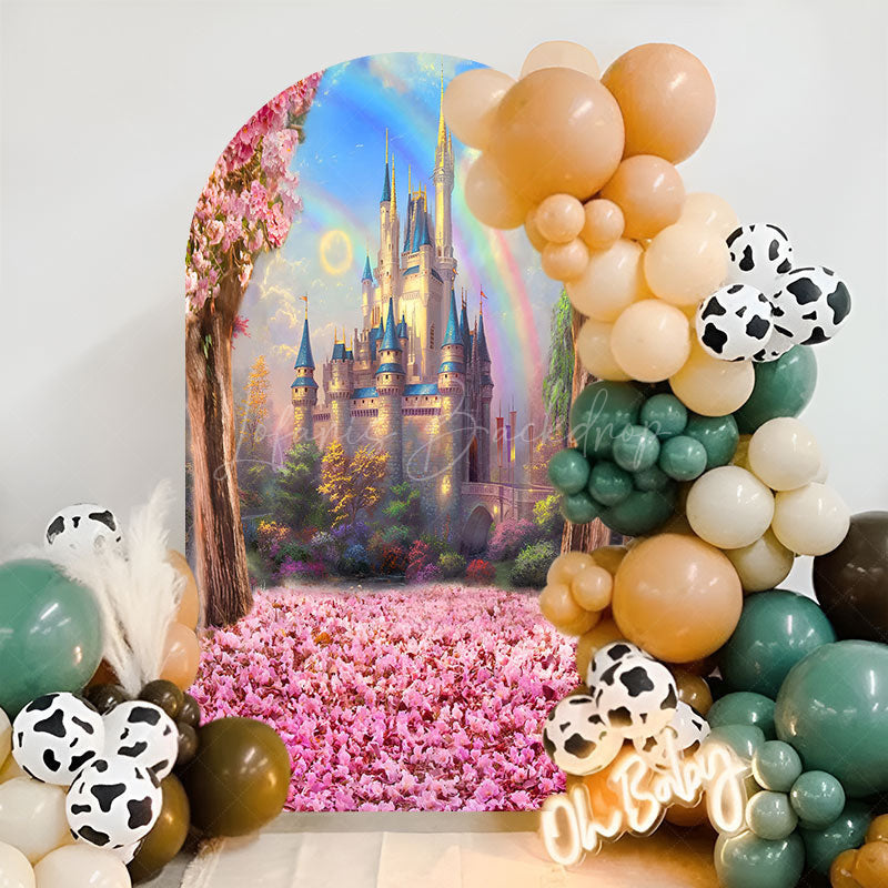 Lofaris Pink Trees Castle Rainbow Birthday Arch Backdrop