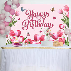Lofaris Pink Tulip Floral Spring Happy Birthday Backdrop
