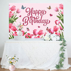 Lofaris Pink Tulip Floral Spring Happy Birthday Backdrop