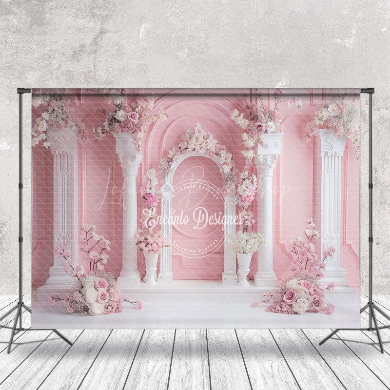 Lofaris Pink Wall White Pillar Arch Floral Wedding Backdrop