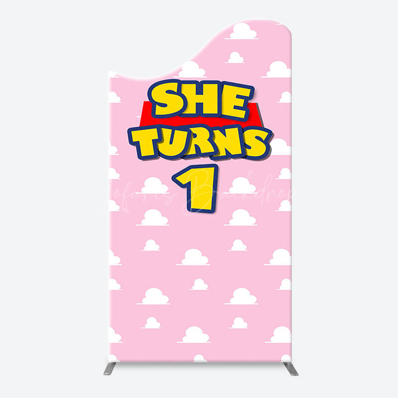 Lofaris Pink White Cloud She Turns 1 Arch Birthday Backdrop