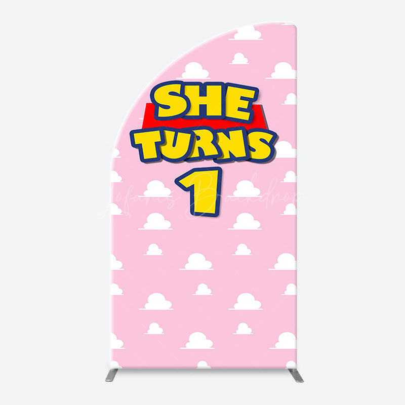 Lofaris Pink White Cloud She Turns 1 Arch Birthday Backdrop