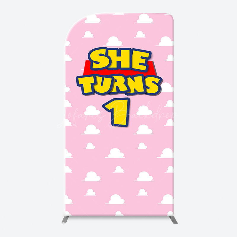 Lofaris Pink White Cloud She Turns 1 Arch Birthday Backdrop