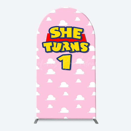 Lofaris Pink White Cloud She Turns 1 Arch Birthday Backdrop