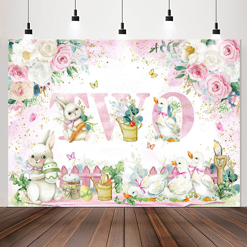 Lofaris Pink White Flower Rabbit Duck 2nd Birthday Backdrop