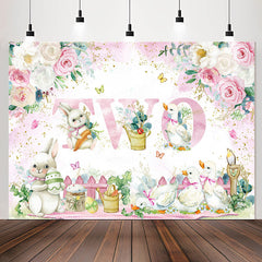Lofaris Pink White Flower Rabbit Duck 2nd Birthday Backdrop