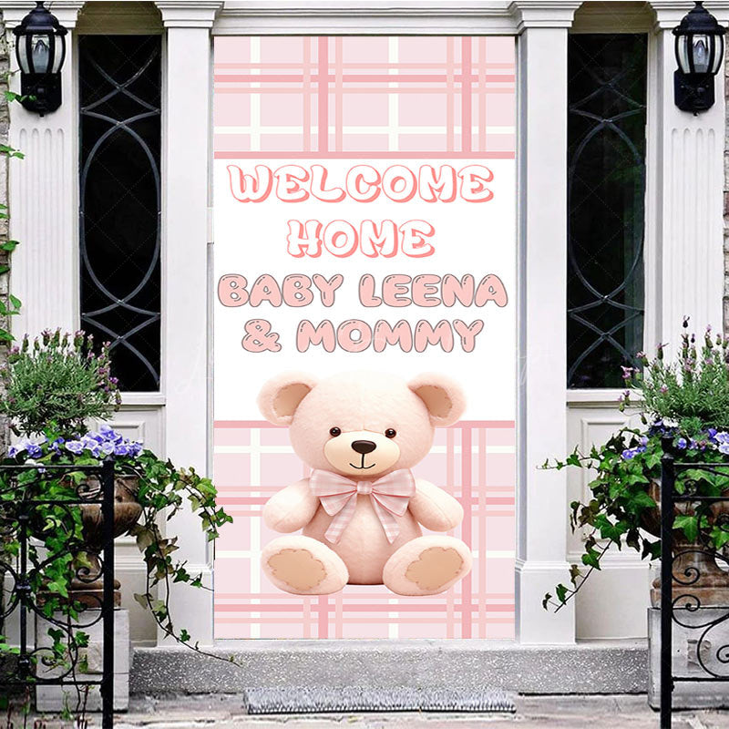 Lofaris Pink White Plaid Teddy Bear Welcome Home Door Cover