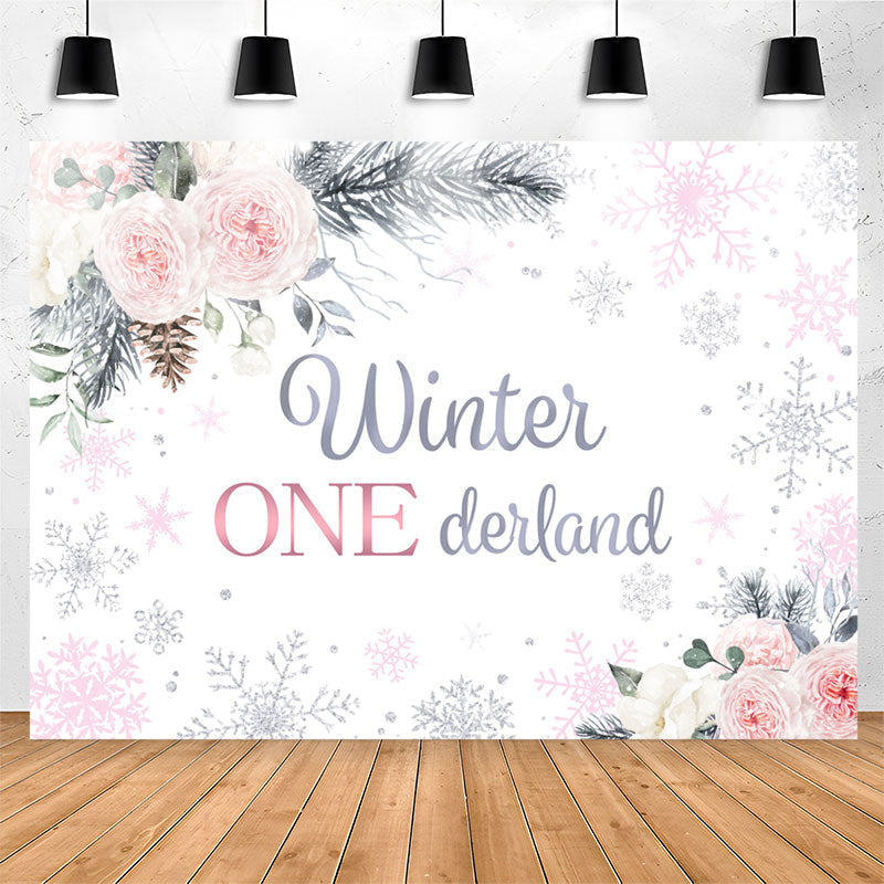 Lofaris Pink White Rose Winter Snowflake 1st Birthday Backdrop