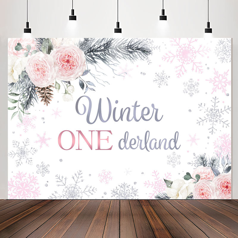 Lofaris Pink White Rose Winter Snowflake 1st Birthday Backdrop