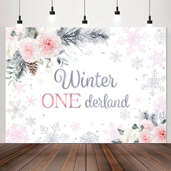 Lofaris Pink White Rose Winter Snowflake 1st Birthday Backdrop