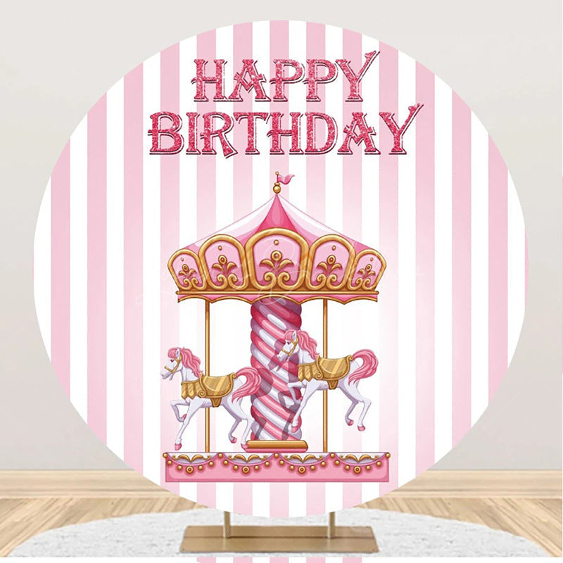 Lofaris Pink White Stripes Circus Round Birthday Backdrop