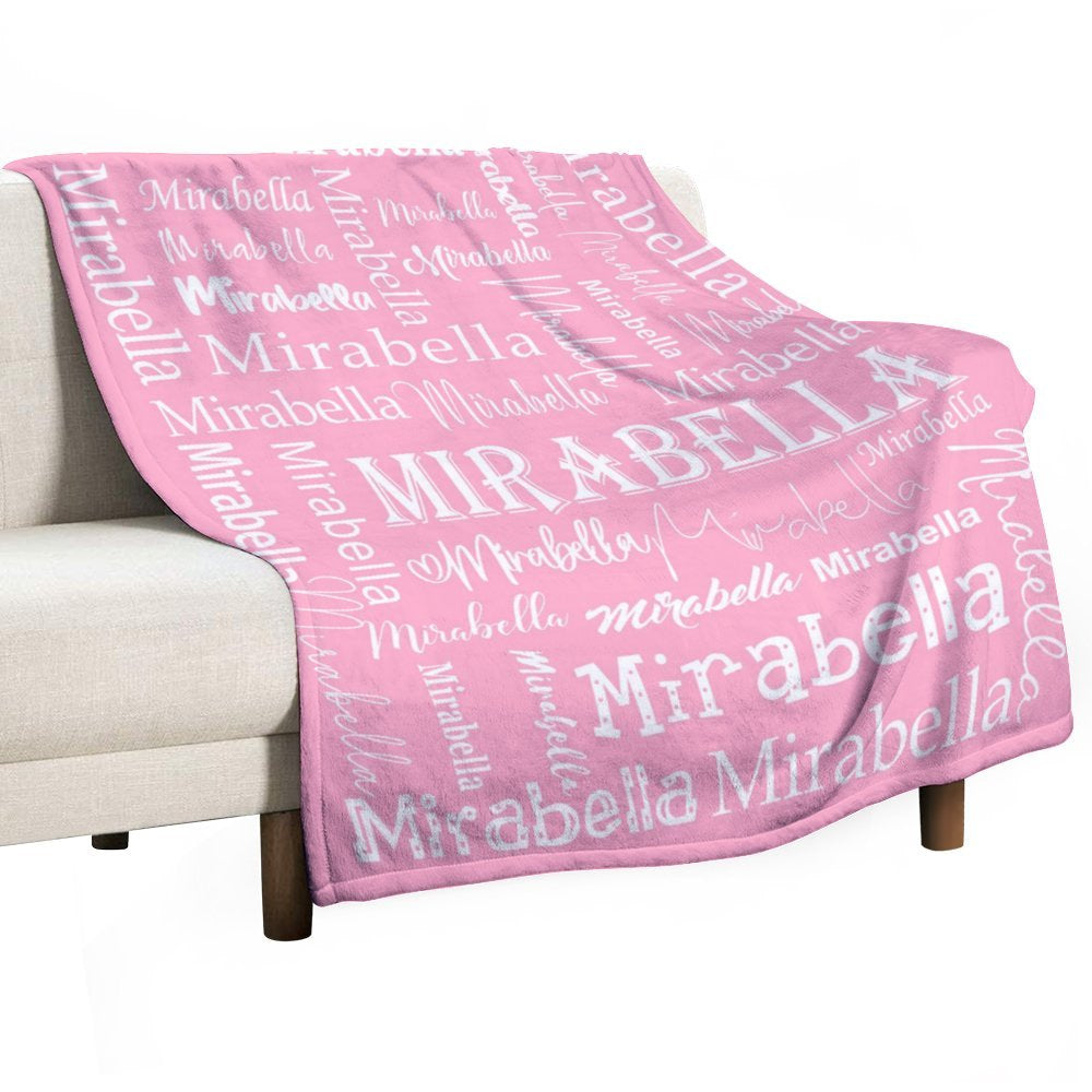 Lofaris Pink White Text Typeface Personalized Name Blanket