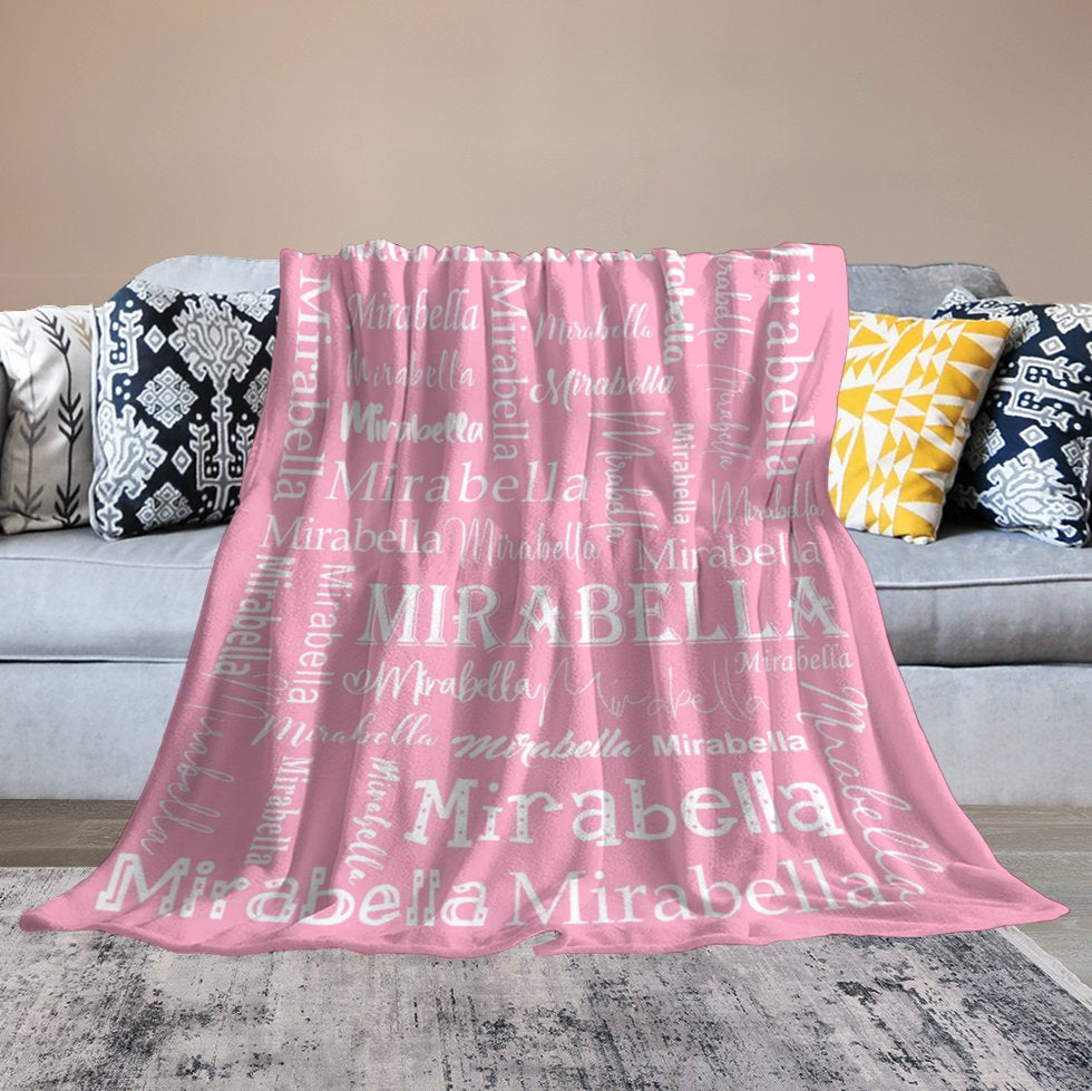 Lofaris Pink White Text Typeface Personalized Name Blanket