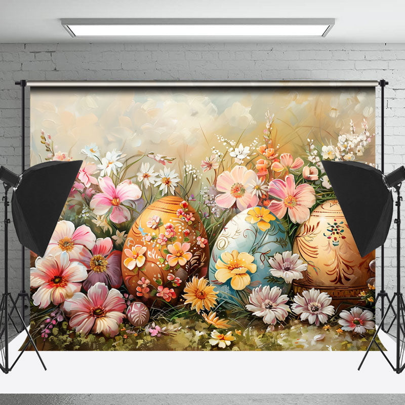 Lofaris Pink White Wildflower Eggs Painting Easter Backdrop