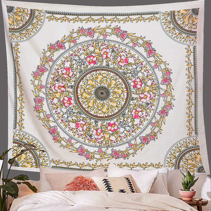 Lofaris Pink Yellow Floral Ring Boho Mandala Dorm Tapestry