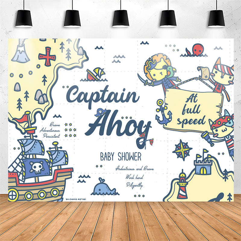 Lofaris Pirate Cats Captain Ahoy White Baby Shower Backdrop