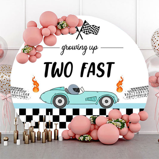 Lofaris Plaid Flag Green Racing Car Two Fast Round Backdrop