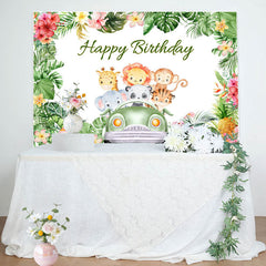 Lofaris Plam Green Animals Car Happy Birthday Backdrop