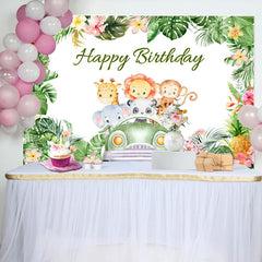 Lofaris Plam Green Animals Car Happy Birthday Backdrop