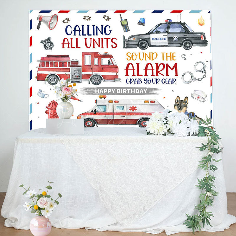 Lofaris Police Fire Truck Ambulance Happy Birthday Backdrop