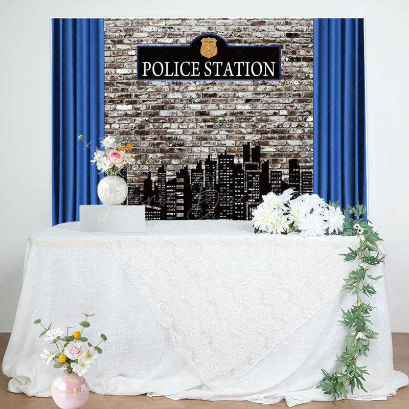 Lofaris Police Station Retro Brick Wall Photo Backdrop