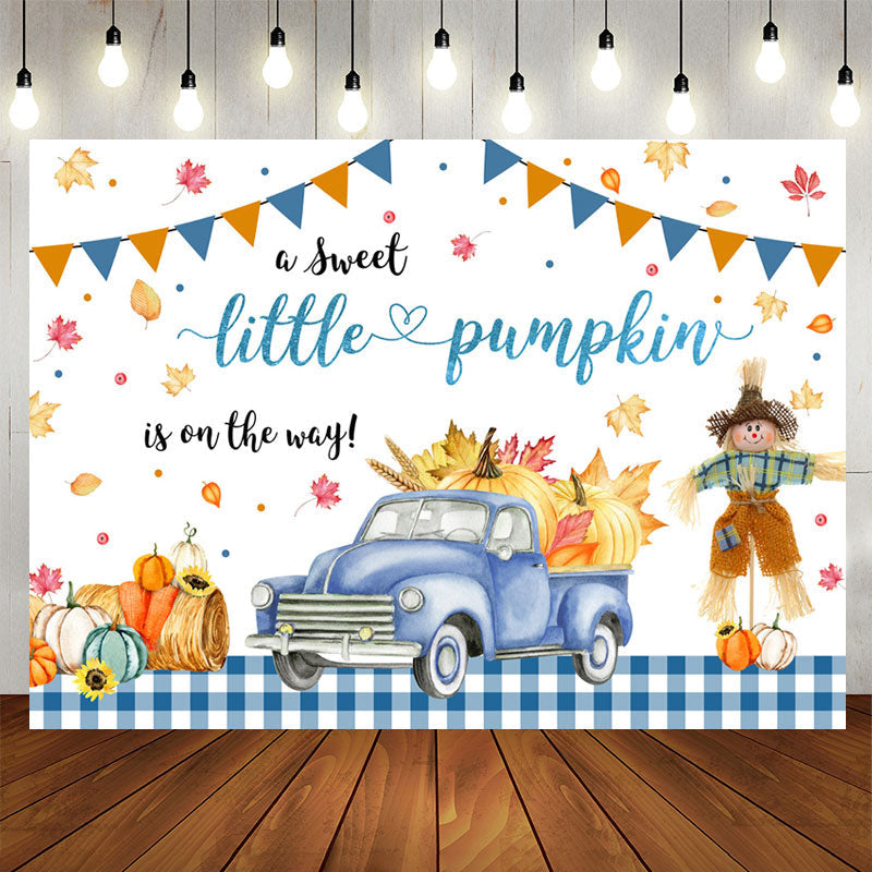 Lofaris Pumpkin On The Way Blue Truck Baby Shower Backdrop