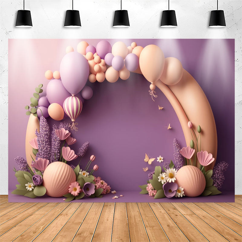 Lofaris Purple And Orange Balloons Floral Birthday Backdrop