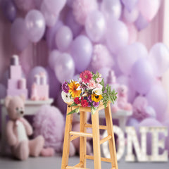 Lofaris Purple Balloon Bear 1St Birthday Cake Smash Backdrop