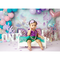 Lofaris Purple Balloon Pearl Mermaid 1st Birthday Backdrop
