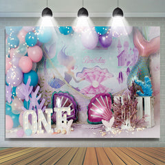 Lofaris Purple Balloon Pearl Mermaid 1st Birthday Backdrop